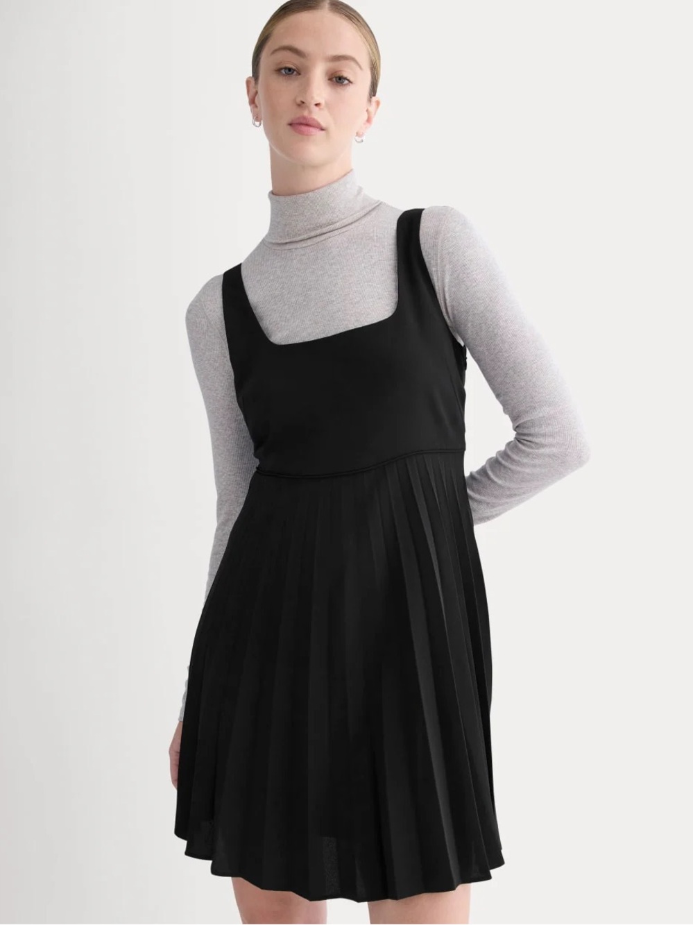 Everlane Black crepe Pleated Square-Neck Mini Dress